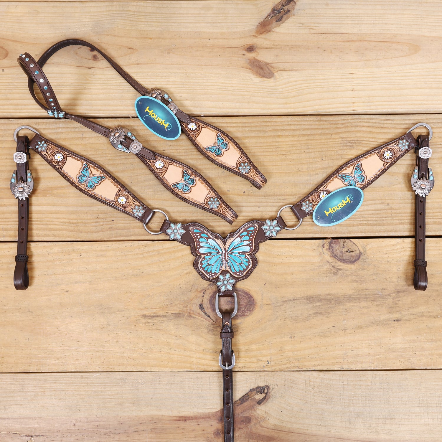 Handmade Western Leather Complete Tack Set – Teal Butterfly Hand Painted, Antique Carved Finish, Turquoise Flower Concho, Genuine Argentina Cow Leather – Full Horse