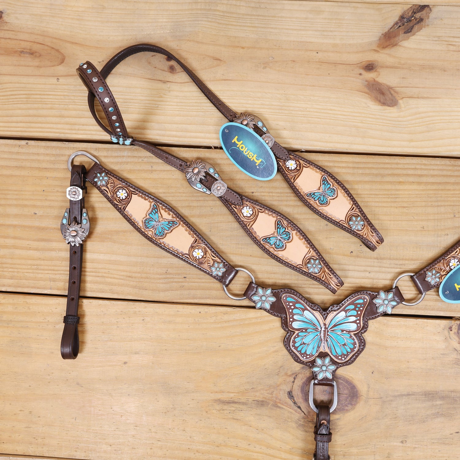 Handmade Western Leather Complete Tack Set – Teal Butterfly Hand Painted, Antique Carved Finish, Turquoise Flower Concho, Genuine Argentina Cow Leather – Full Horse