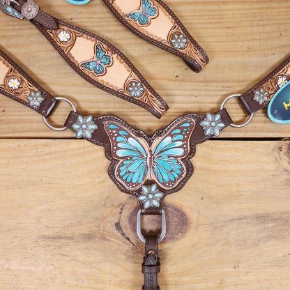 Handmade Western Leather Complete Tack Set – Teal Butterfly Hand Painted, Antique Carved Finish, Turquoise Flower Concho, Genuine Argentina Cow Leather – Full Horse