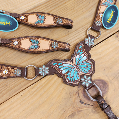 Handmade Western Leather Complete Tack Set – Teal Butterfly Hand Painted, Antique Carved Finish, Turquoise Flower Concho, Genuine Argentina Cow Leather – Full Horse
