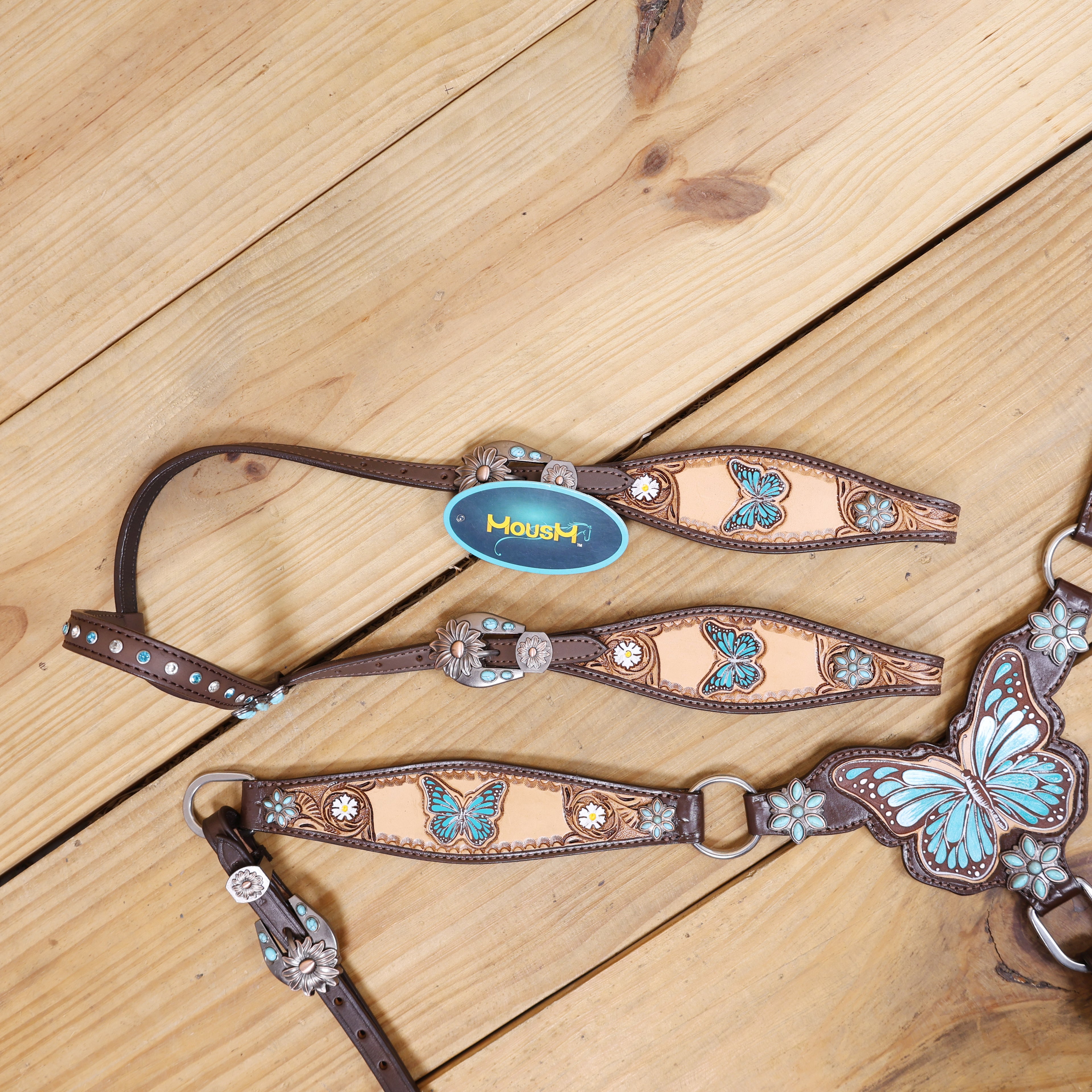 Handmade Western Leather Complete Tack Set – Teal Butterfly Hand Painted, Antique Carved Finish, Turquoise Flower Concho, Genuine Argentina Cow Leather – Full Horse