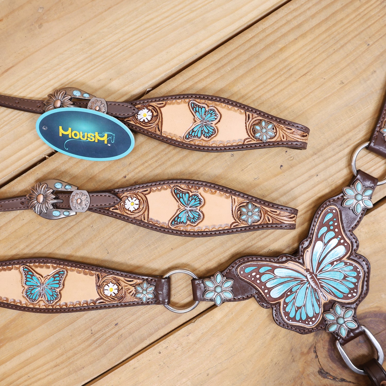 Handmade Western Leather Complete Tack Set – Teal Butterfly Hand Painted, Antique Carved Finish, Turquoise Flower Concho, Genuine Argentina Cow Leather – Full Horse