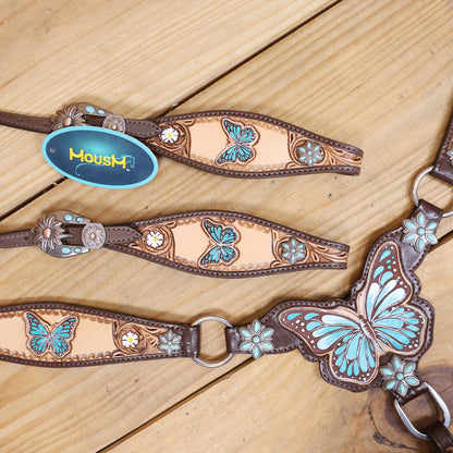 Handmade Western Leather Complete Tack Set – Teal Butterfly Hand Painted, Antique Carved Finish, Turquoise Flower Concho, Genuine Argentina Cow Leather – Full Horse