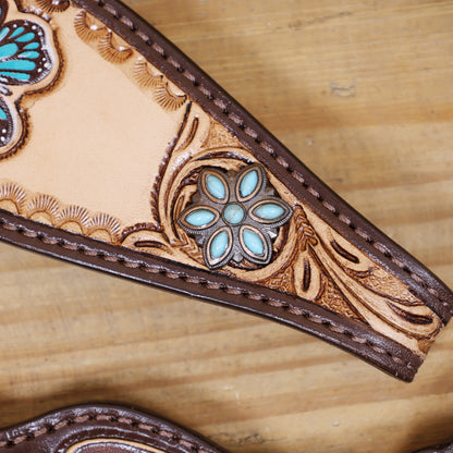 Handmade Western Leather Complete Tack Set – Teal Butterfly Hand Painted, Antique Carved Finish, Turquoise Flower Concho, Genuine Argentina Cow Leather – Full Horse