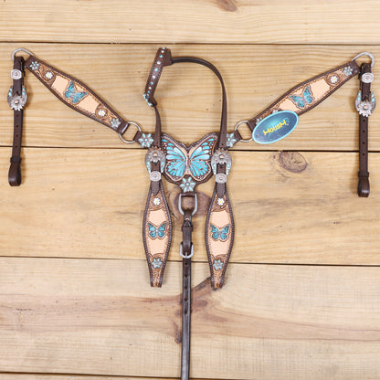 Handmade Western Leather Complete Tack Set – Teal Butterfly Hand Painted, Antique Carved Finish, Turquoise Flower Concho, Genuine Argentina Cow Leather – Full Horse