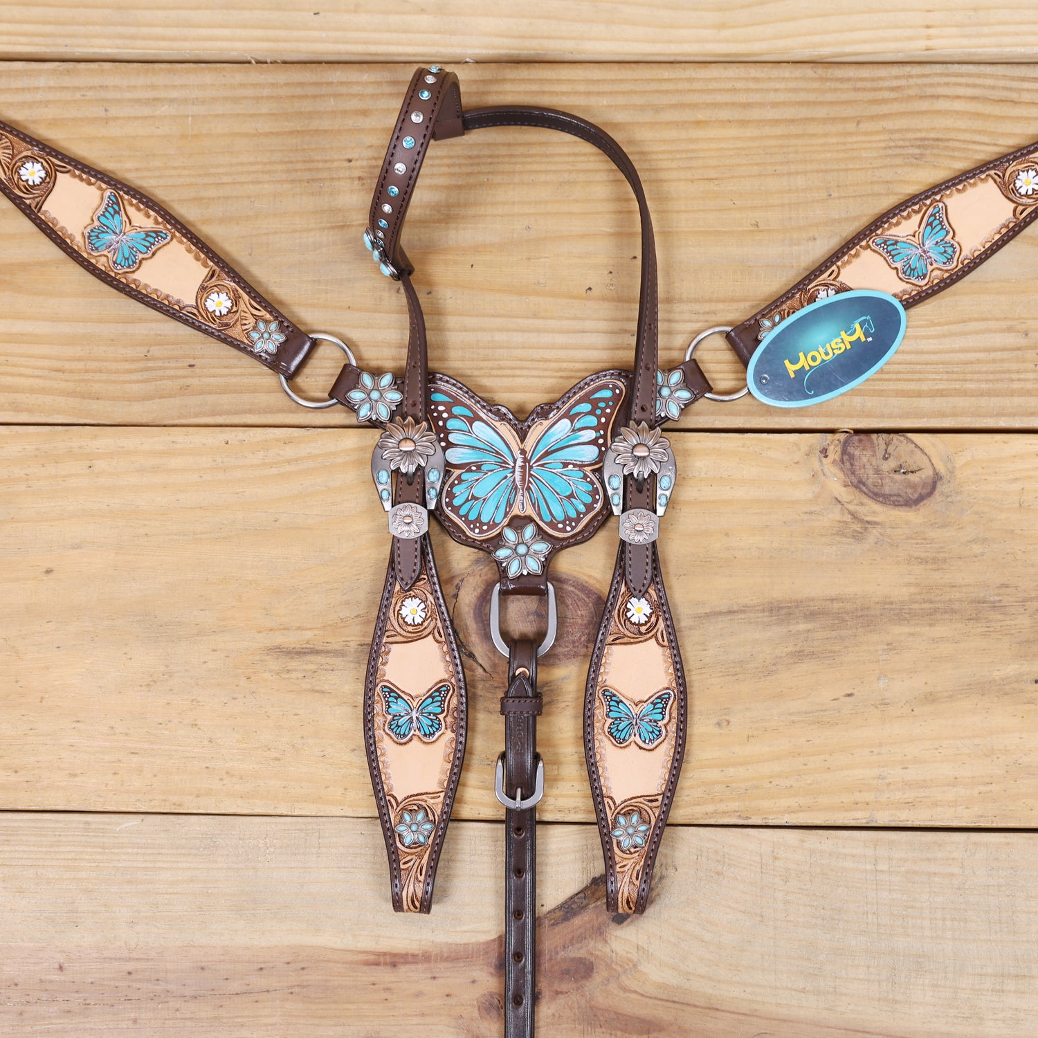Handmade Western Leather Complete Tack Set – Teal Butterfly Hand Painted, Antique Carved Finish, Turquoise Flower Concho, Genuine Argentina Cow Leather – Full Horse