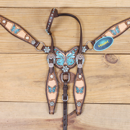 Handmade Western Leather Complete Tack Set – Teal Butterfly Hand Painted, Antique Carved Finish, Turquoise Flower Concho, Genuine Argentina Cow Leather – Full Horse