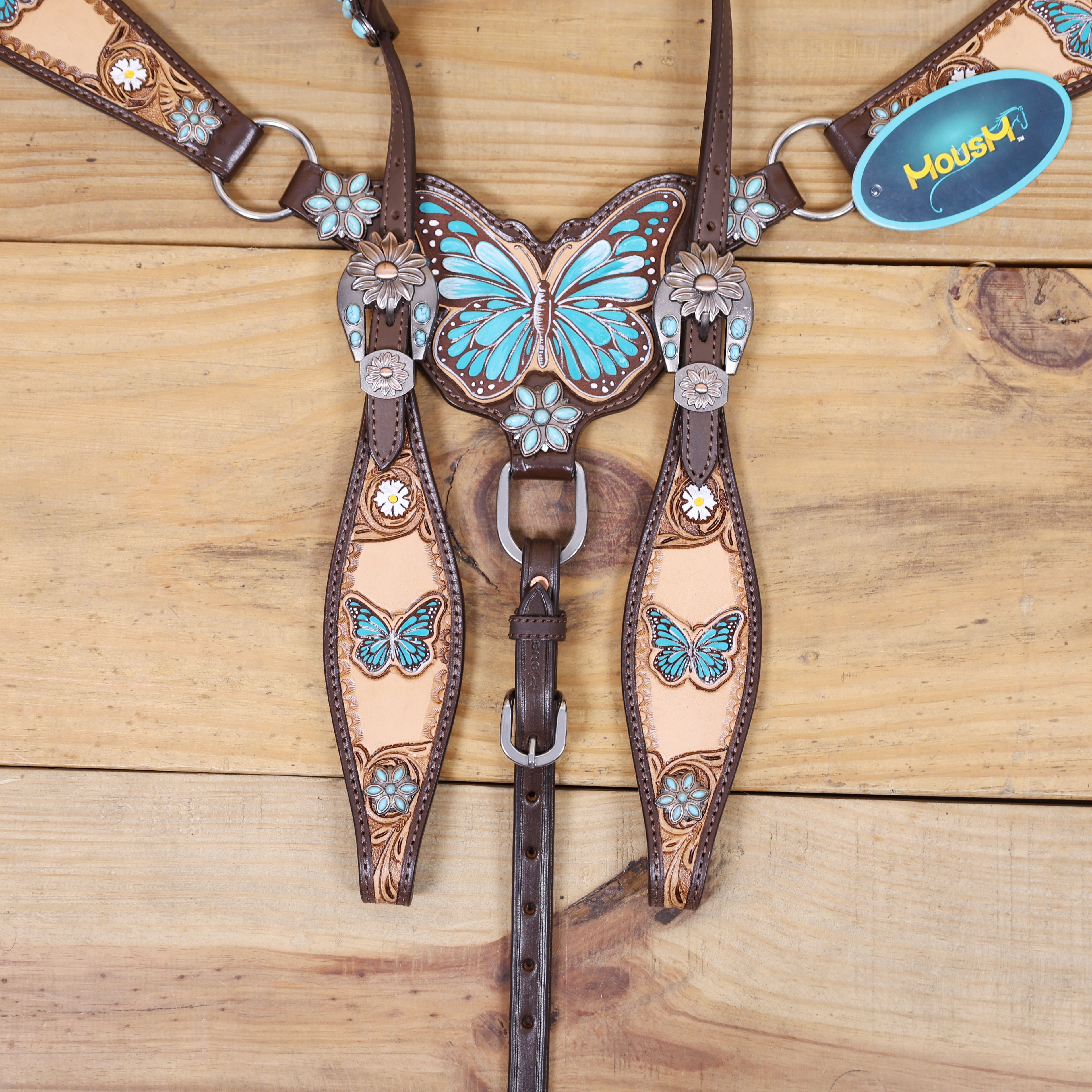 Handmade Western Leather Complete Tack Set – Teal Butterfly Hand Painted, Antique Carved Finish, Turquoise Flower Concho, Genuine Argentina Cow Leather – Full Horse