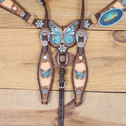 Handmade Western Leather Complete Tack Set – Teal Butterfly Hand Painted, Antique Carved Finish, Turquoise Flower Concho, Genuine Argentina Cow Leather – Full Horse