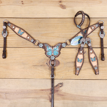 Handmade Western Leather Complete Tack Set – Teal Butterfly Hand Painted, Antique Carved Finish, Turquoise Flower Concho, Genuine Argentina Cow Leather – Full Horse