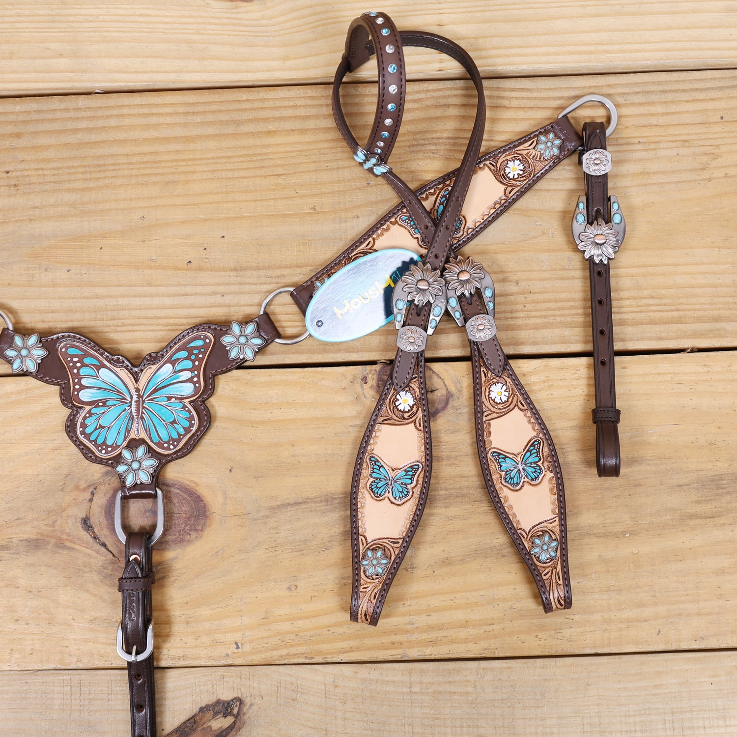Handmade Western Leather Complete Tack Set – Teal Butterfly Hand Painted, Antique Carved Finish, Turquoise Flower Concho, Genuine Argentina Cow Leather – Full Horse