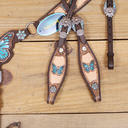 Handmade Western Leather Complete Tack Set – Teal Butterfly Hand Painted, Antique Carved Finish, Turquoise Flower Concho, Genuine Argentina Cow Leather – Full Horse