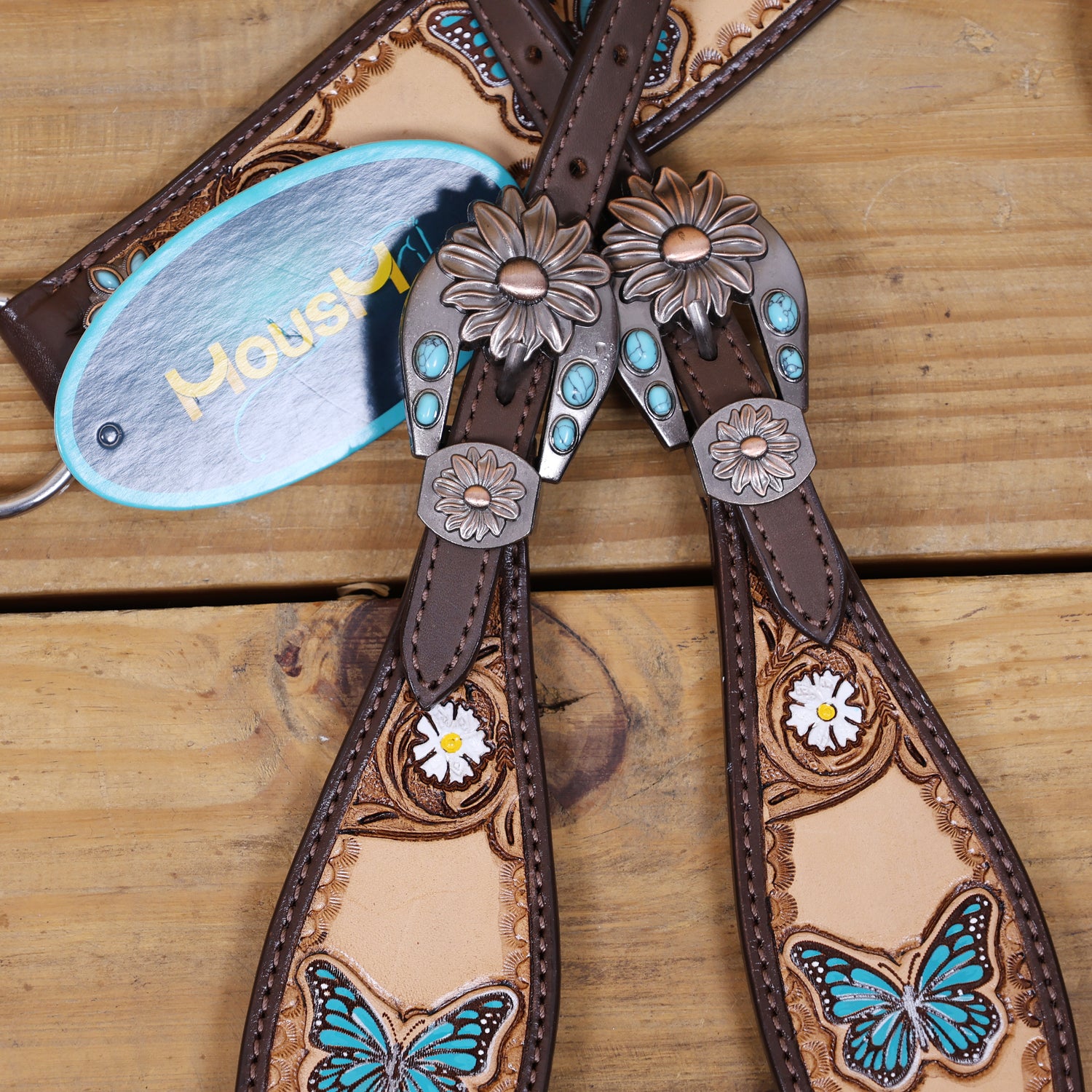 Handmade Western Leather Complete Tack Set – Teal Butterfly Hand Painted, Antique Carved Finish, Turquoise Flower Concho, Genuine Argentina Cow Leather – Full Horse