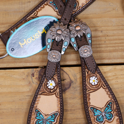 Handmade Western Leather Complete Tack Set – Teal Butterfly Hand Painted, Antique Carved Finish, Turquoise Flower Concho, Genuine Argentina Cow Leather – Full Horse