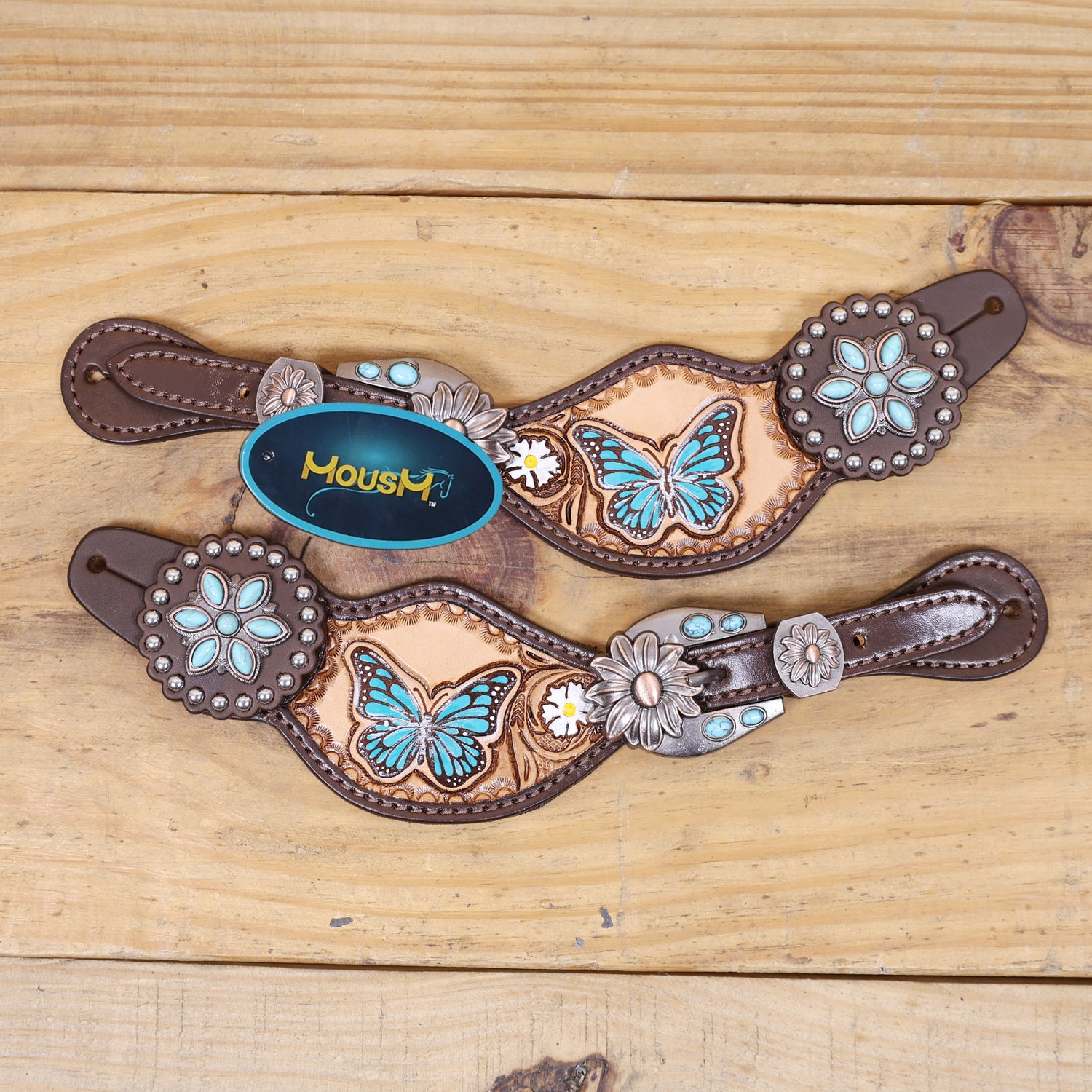 Handmade Western Leather Complete Tack Set – Teal Butterfly Hand Painted, Antique Carved Finish, Turquoise Flower Concho, Genuine Argentina Cow Leather – Full Horse