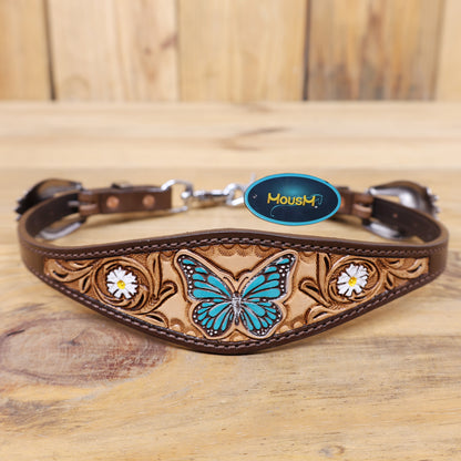Handmade Western Leather Complete Tack Set – Teal Butterfly Hand Painted, Antique Carved Finish, Turquoise Flower Concho, Genuine Argentina Cow Leather – Full Horse