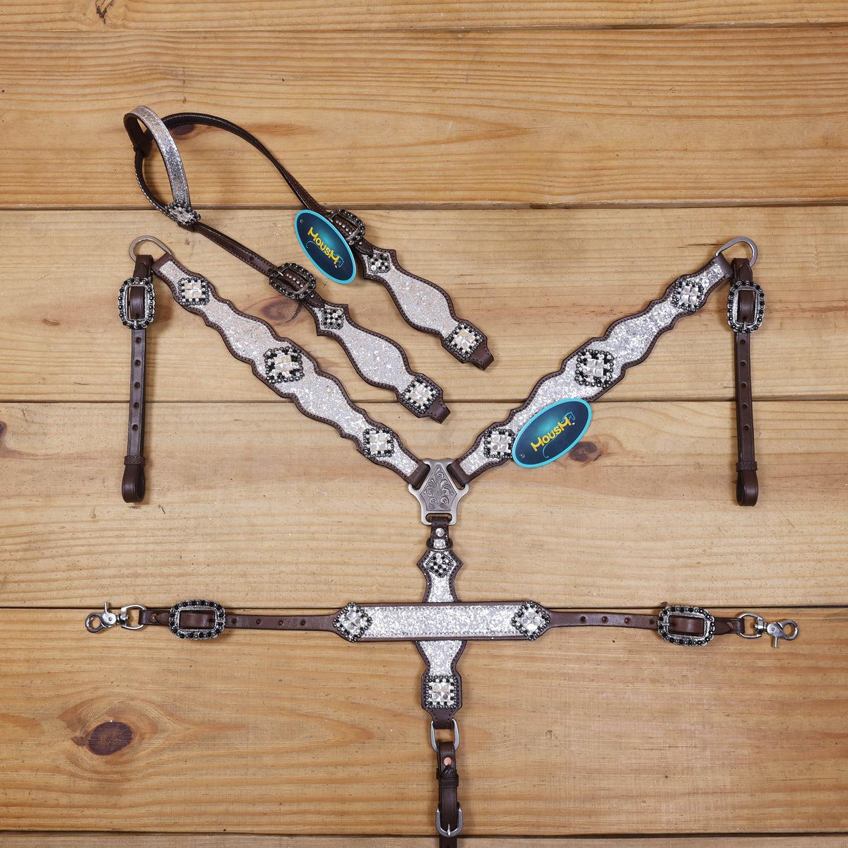 Silver Glitter Western Horse Tack with Bling Rhinestone Conchos