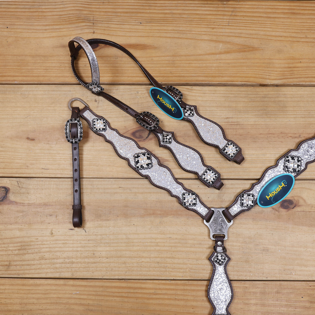 Silver Glitter Western Horse Tack with Bling Rhinestone Conchos
