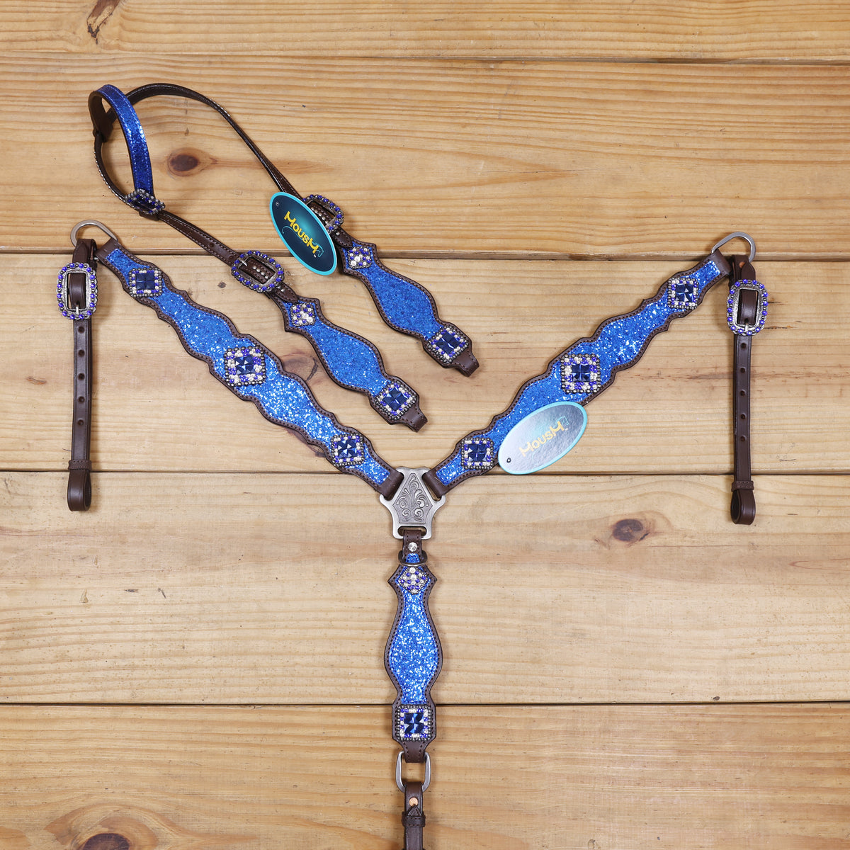 Royal Blue Glitter Western Headstall Set with Silver Studs