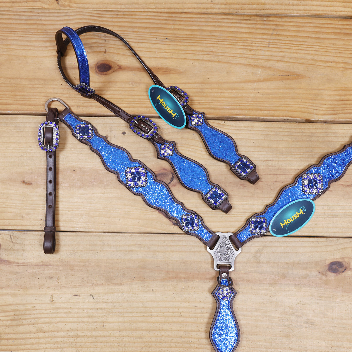 Royal Blue Glitter Western Headstall Set with Silver Studs