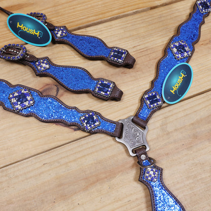 Royal Blue Glitter Western Headstall Set with Silver Studs