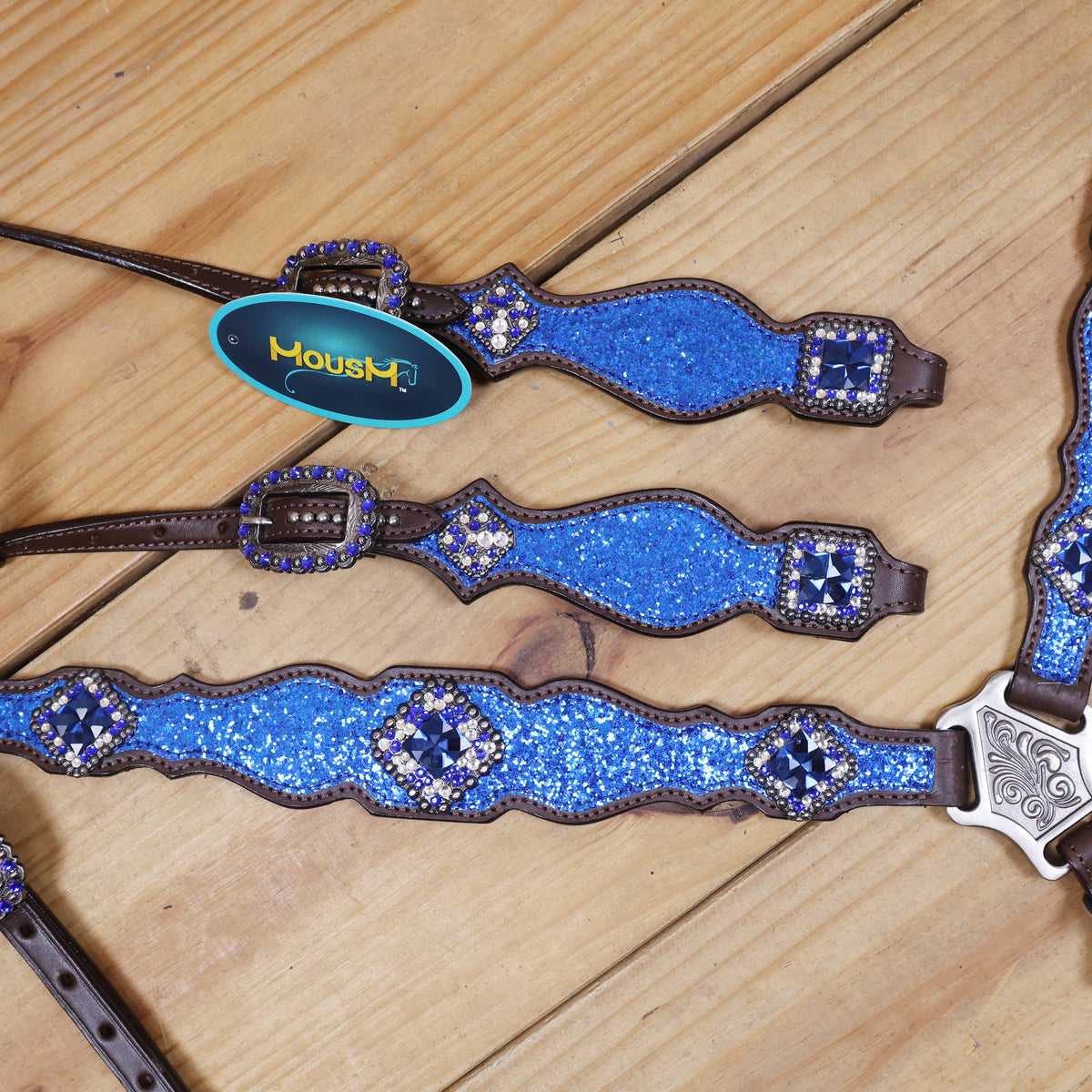 Royal Blue Glitter Western Headstall Set with Silver Studs