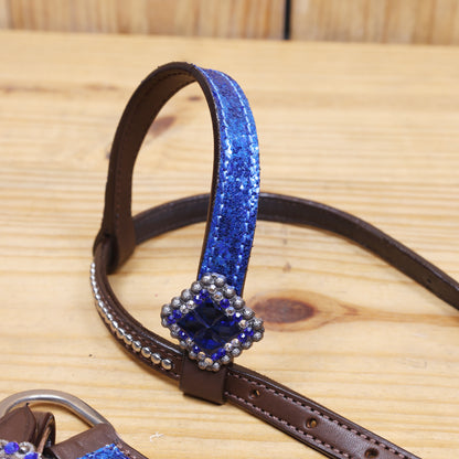 Royal Blue Glitter Western Headstall Set with Silver Studs