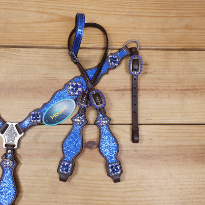 Royal Blue Glitter Western Headstall Set with Silver Studs