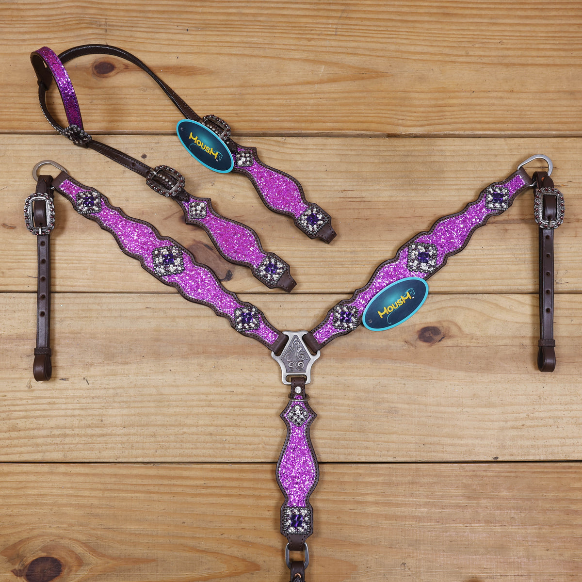 Purple Glitter Headstall and Breast Collar Set with Silver Studs