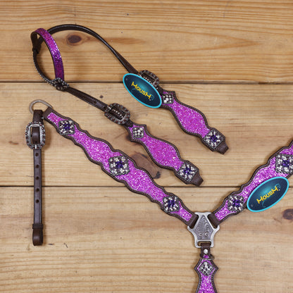 Purple Glitter Headstall and Breast Collar Set with Silver Studs
