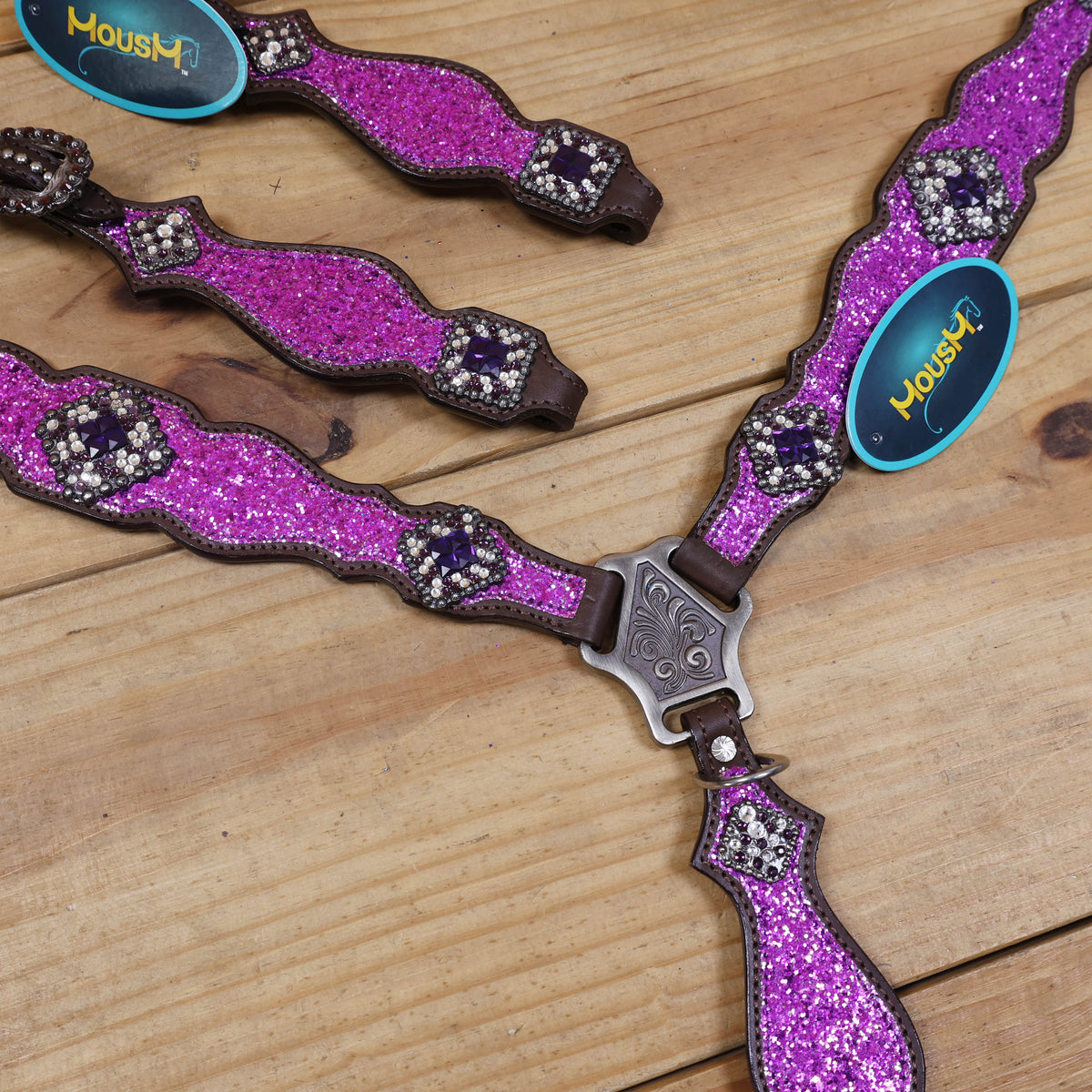 Purple Glitter Headstall and Breast Collar Set with Silver Studs