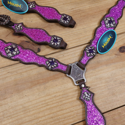 Purple Glitter Headstall and Breast Collar Set with Silver Studs