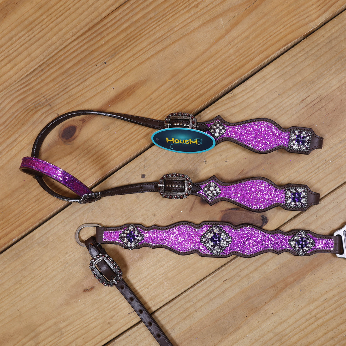 Purple Glitter Headstall and Breast Collar Set with Silver Studs