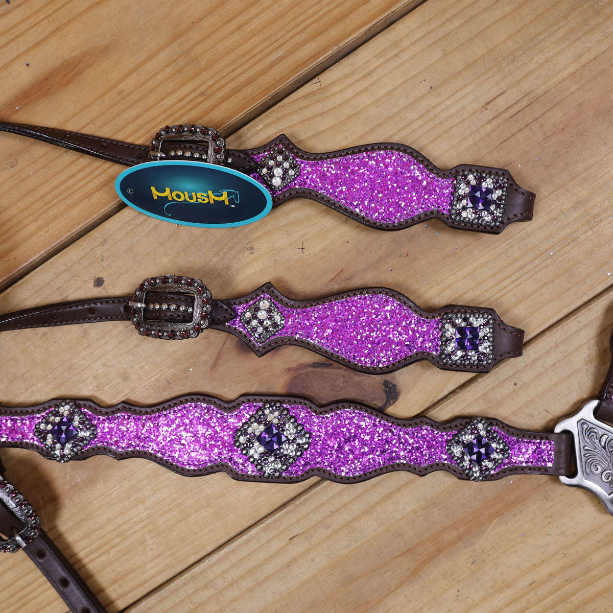 Purple Glitter Headstall and Breast Collar Set with Silver Studs