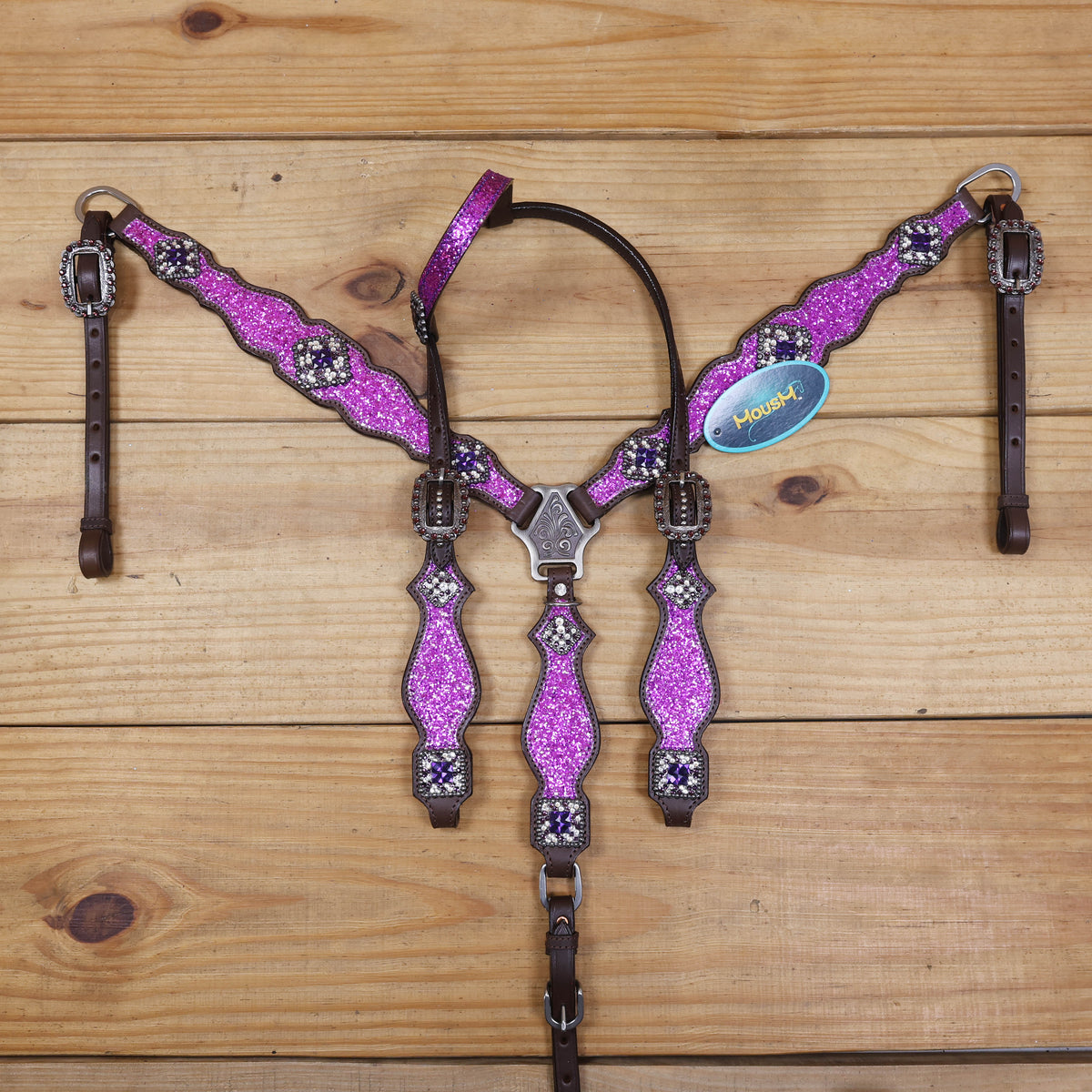 Purple Glitter Headstall and Breast Collar Set with Silver Studs