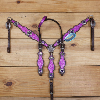 Purple Glitter Headstall and Breast Collar Set with Silver Studs