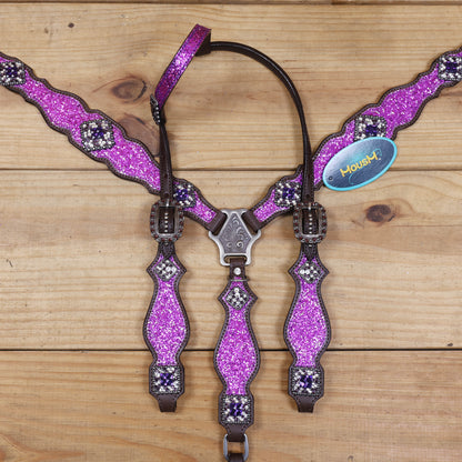 Purple Glitter Headstall and Breast Collar Set with Silver Studs