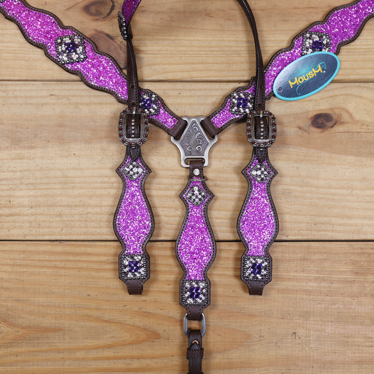 Purple Glitter Headstall and Breast Collar Set with Silver Studs
