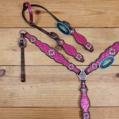 Hot Pink Glitter Headstall and Breast Collar with Silver Studs