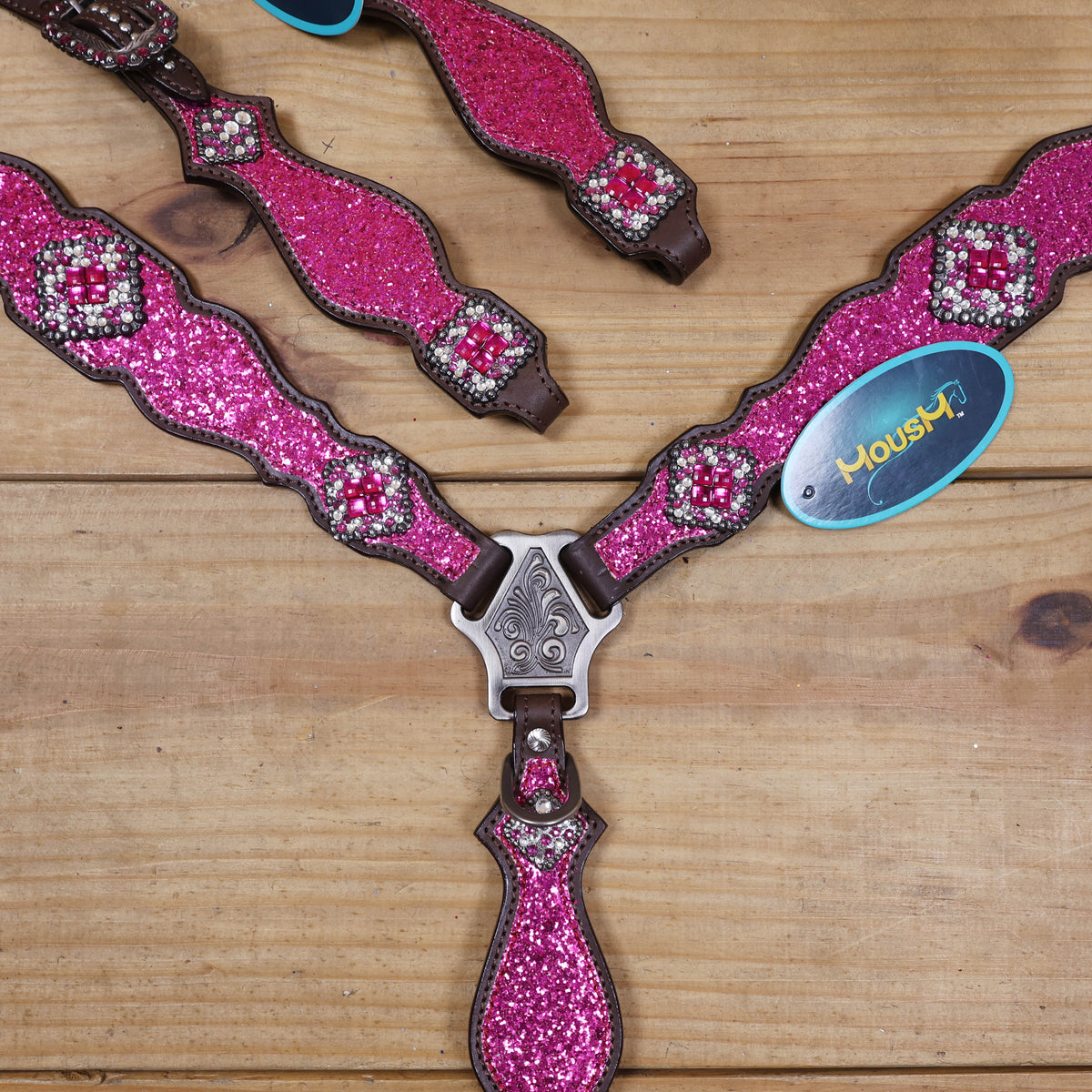 Hot Pink Glitter Headstall and Breast Collar with Silver Studs