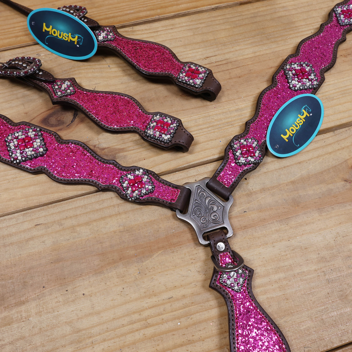 Hot Pink Glitter Headstall and Breast Collar with Silver Studs