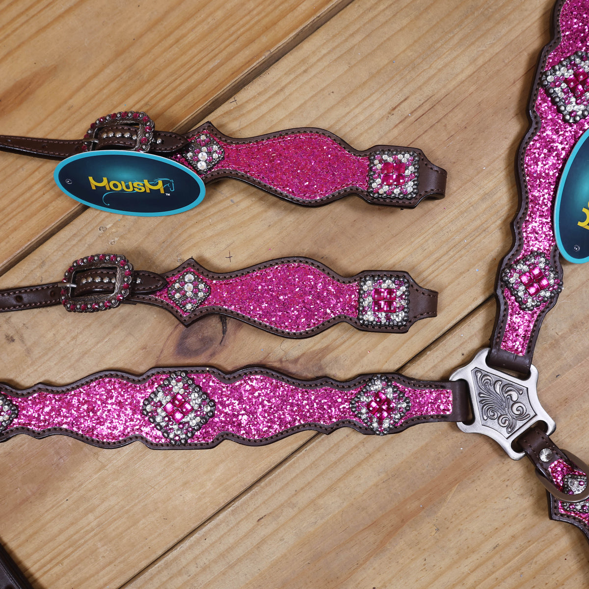 Hot Pink Glitter Headstall and Breast Collar with Silver Studs