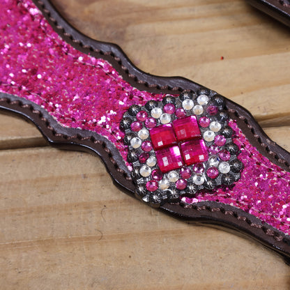 Hot Pink Glitter Headstall and Breast Collar with Silver Studs