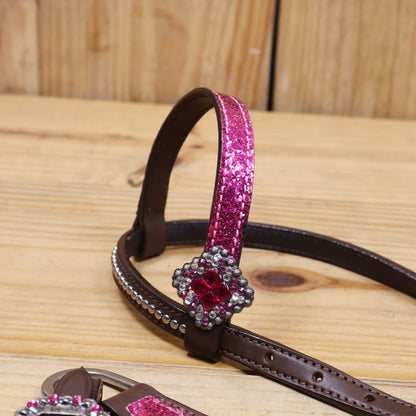 Hot Pink Glitter Headstall and Breast Collar with Silver Studs