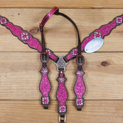 Hot Pink Glitter Headstall and Breast Collar with Silver Studs