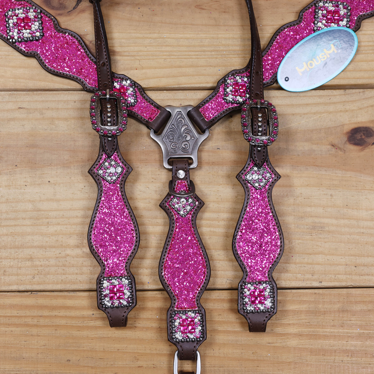Hot Pink Glitter Headstall and Breast Collar with Silver Studs