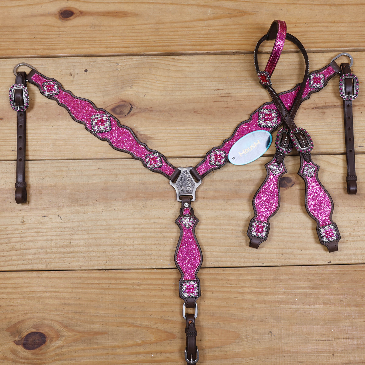 Hot Pink Glitter Headstall and Breast Collar with Silver Studs