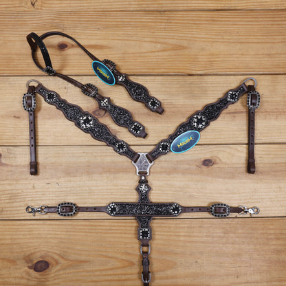 Black Glitter Horse Tack Set with Rhinestone Conchos, Silver Studs