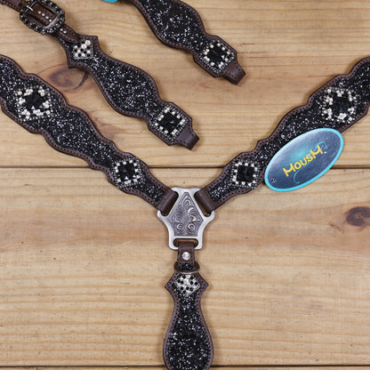 Black Glitter Horse Tack Set with Rhinestone Conchos, Silver Studs