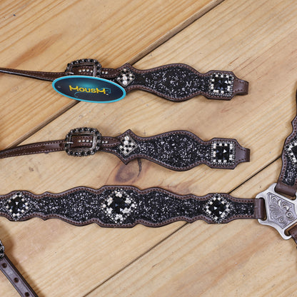 Black Glitter Horse Tack Set with Rhinestone Conchos, Silver Studs
